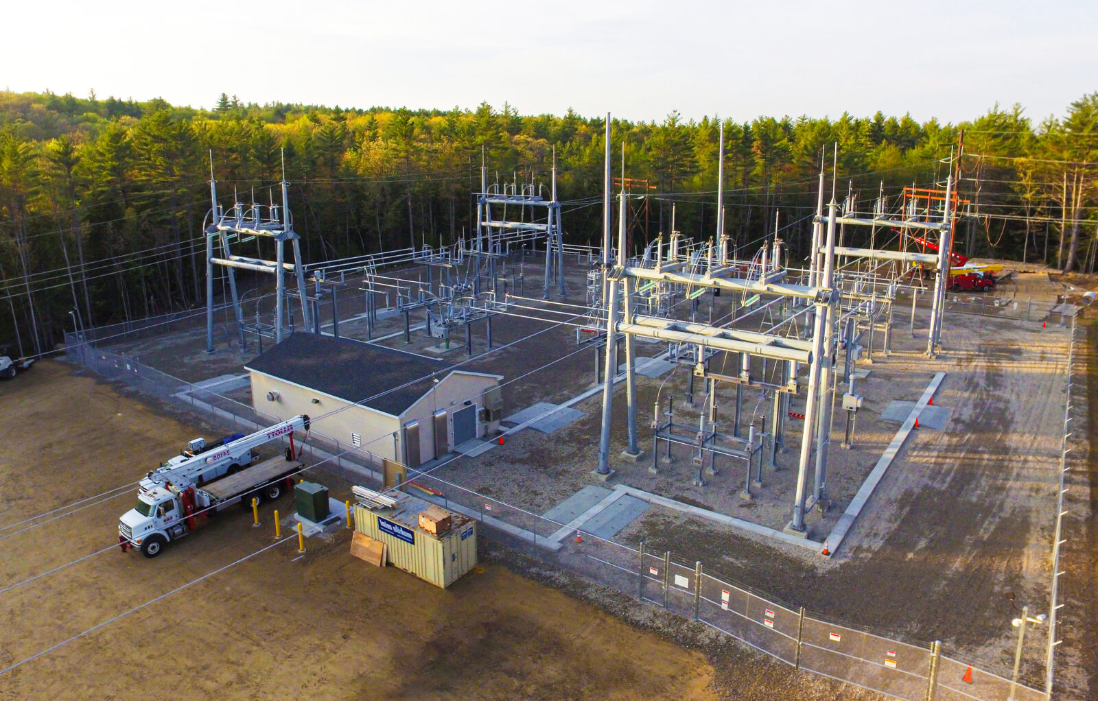 Aerial view of substation with ESB electrical truck on the ground